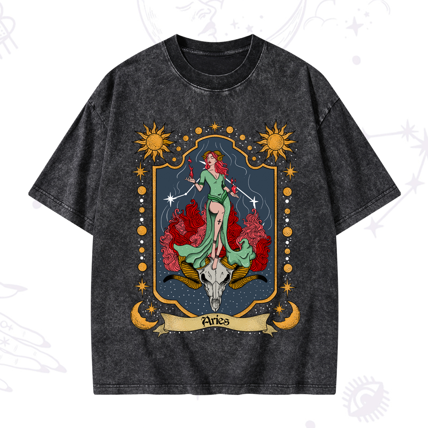 Magic Purplehecate Aries Zodiac Washed T-Shirt