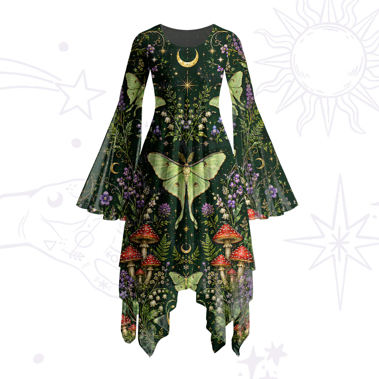 Purplehecate Moonlit Forest Moth Magic Bell Sleeve Dress