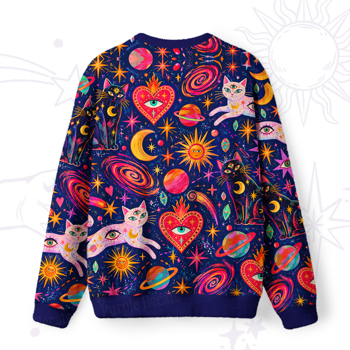 Purplehecate Psychedelic Galaxy Moon Cats in Space Fuzzy Ugly Sweatshirt