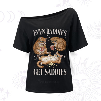 Purplehecate Even Baddies Get Saddies Funny Cat One Shoulder T-Shirt