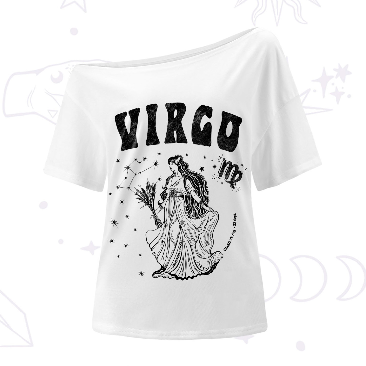 Purplehecate Virgo Zodiac Glyphs One-Shoulder T-Shirt