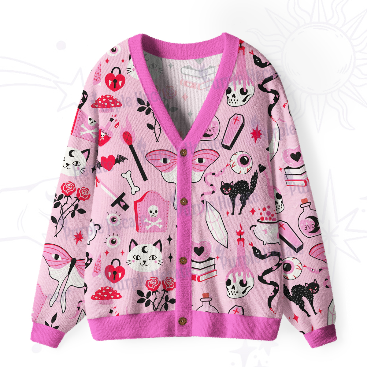Purplehecate Black Cat Witchy Pink Ugly Cardigan Sweaters