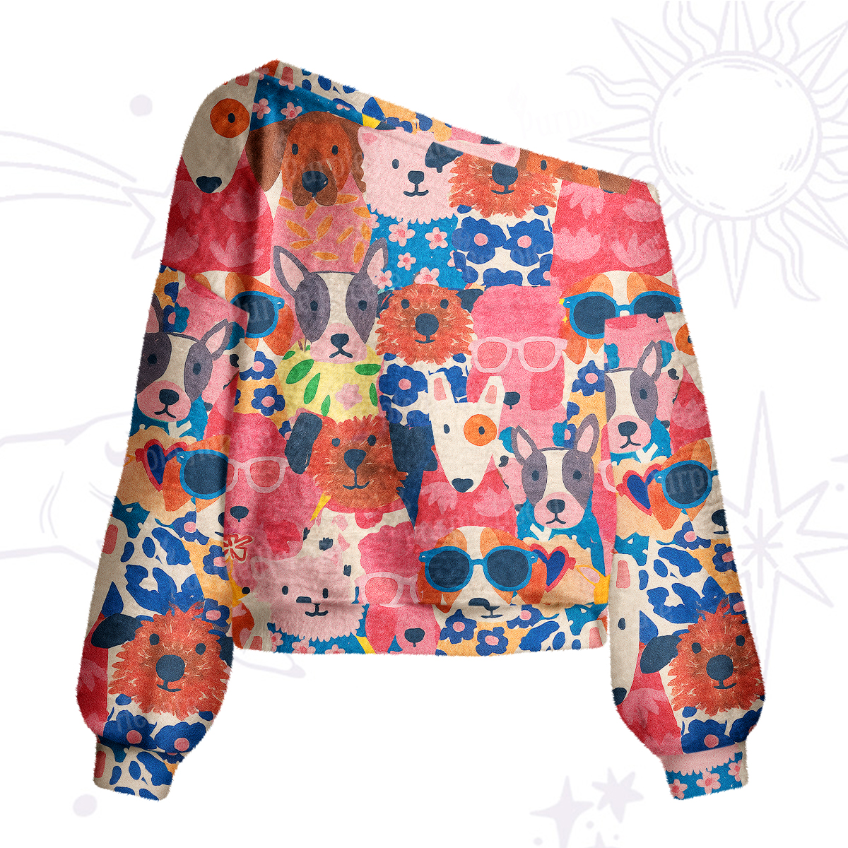 Purplehecate Happy Dog Faces One Shoulder Sweaters