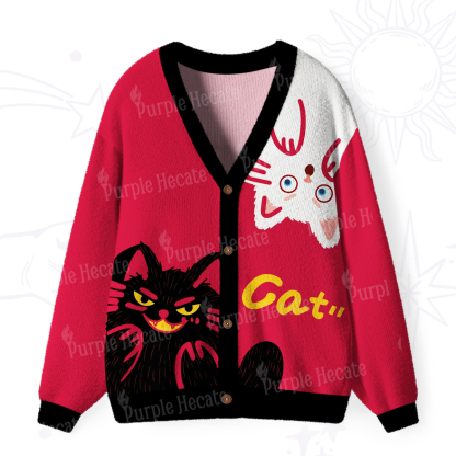 Purplehecate Mischievous Cat Lovers Ugly Cardigan Sweaters