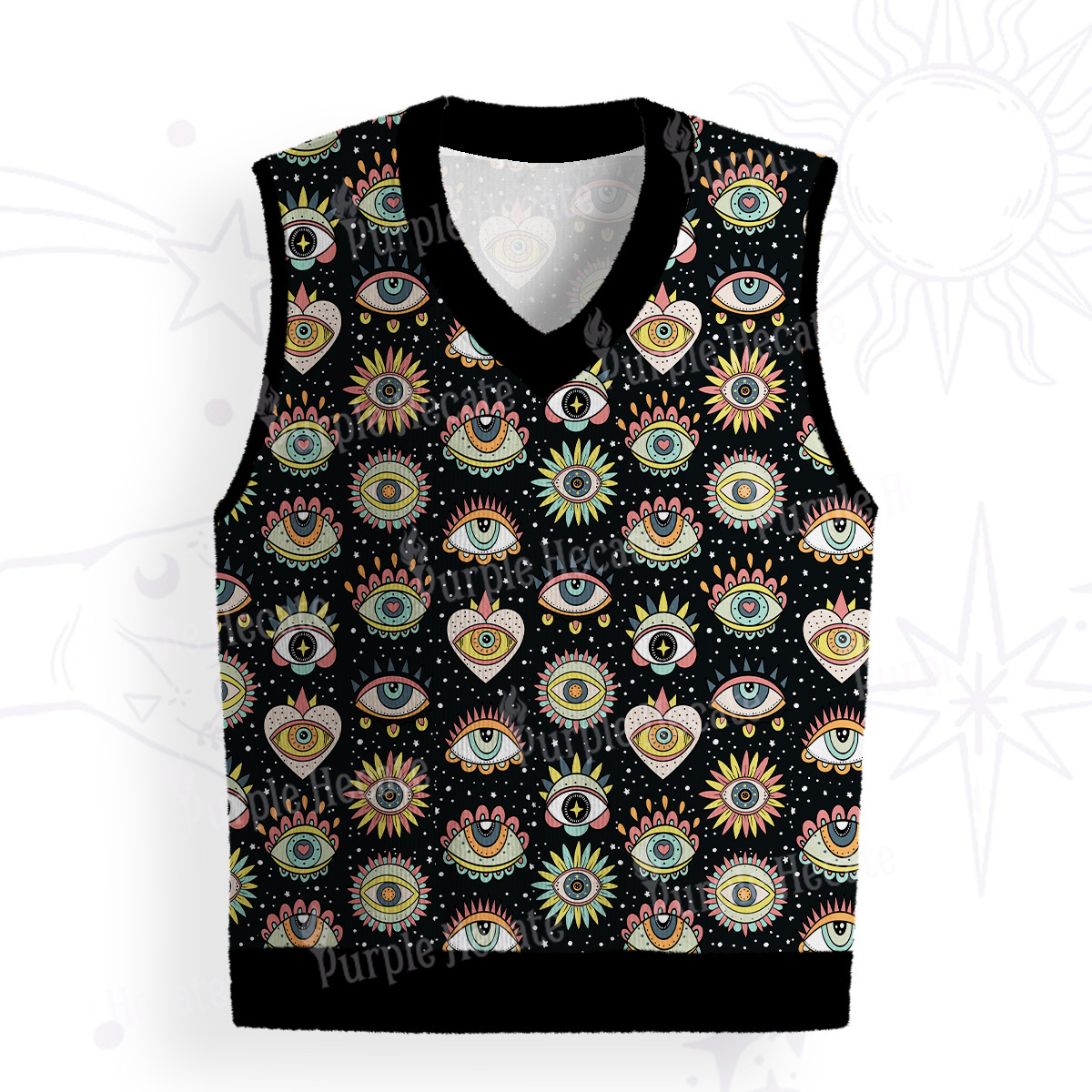 Purplehecate Mystical Evil Eye Pattern Ugly Sweater Vest