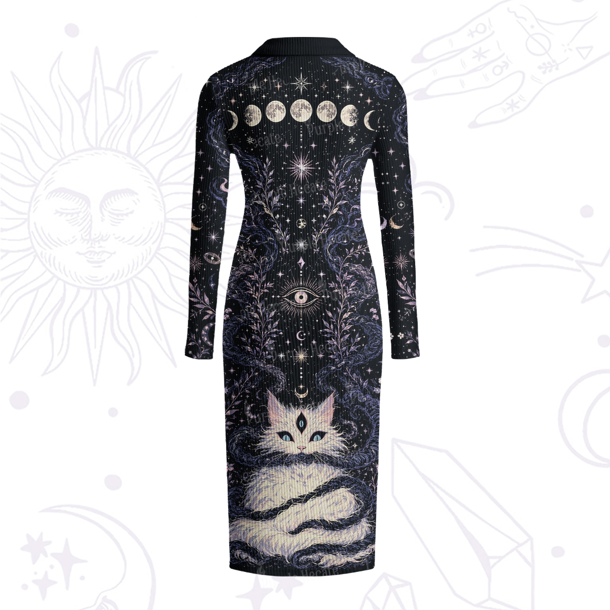 Purplehecate Moon Phase Oracle Cat Ribbed Knit Dress