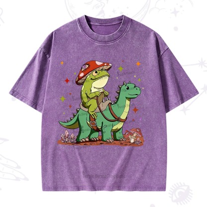Purplehecate  Frog Riding a Dinosaur Washed T-Shirt