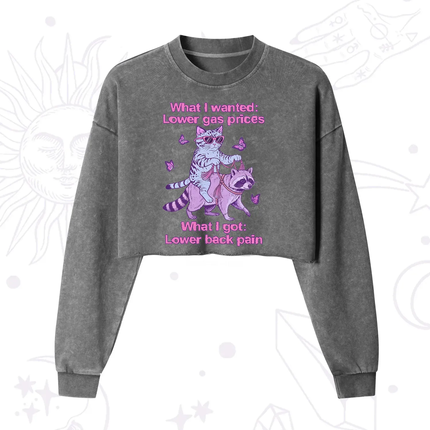Purplehecate Lower Gas Prices Lower Back Pain Cat Cropped Washed Sweatshirt