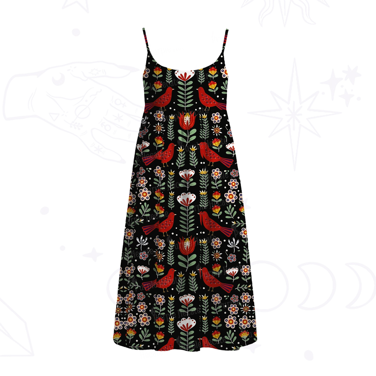 Purplehecate Mystic Forest Bird Spaghetti Strap Midi Dress