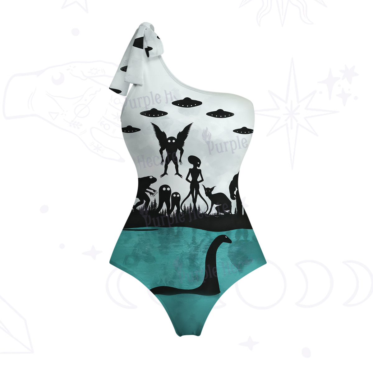 Purplehecate Alien Lake Monster Encounter One-Shoulder One-Piece Swimsuit