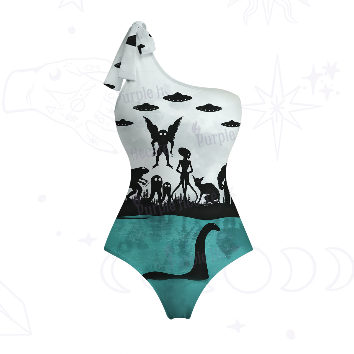 Purplehecate Alien Lake Monster Encounter One-Shoulder One-Piece Swimsuit