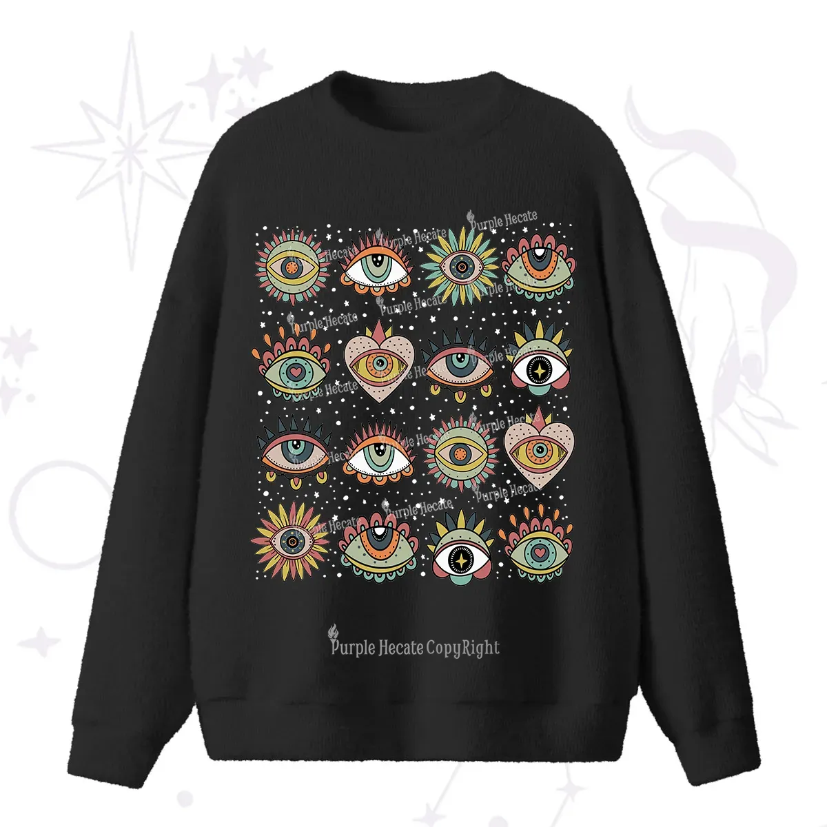 Purplehecate Mystical Evil Eye Pattern Fuzzy Ugly Sweater