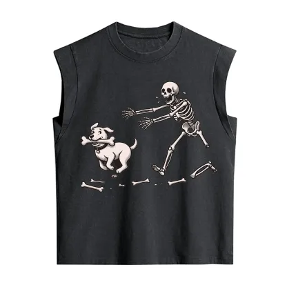 Purplehecate Halloween Skeleton Chasing Dog Vintage Washed Tank