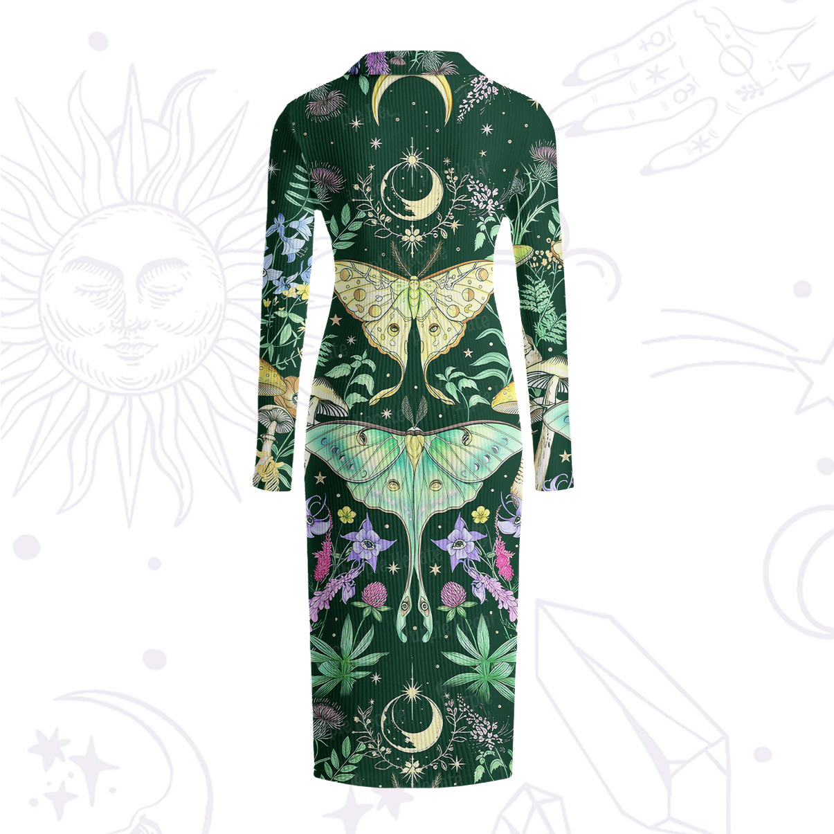 Purplehecate Mystic Lunar Moth Herbal Forest Ribbed Knit Dress