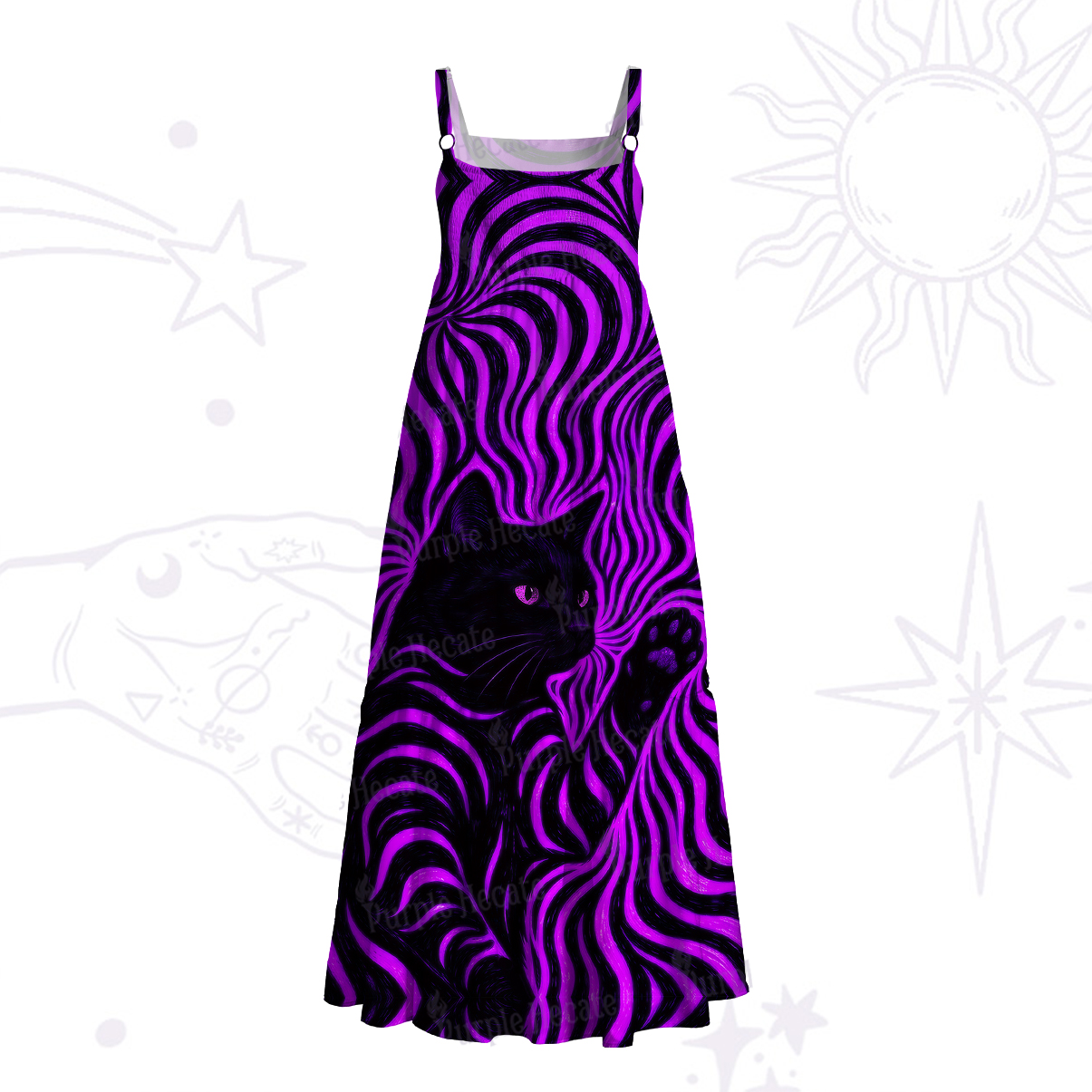 Purplehecate Psychedelic Cat Wide Straps Maxi Dress