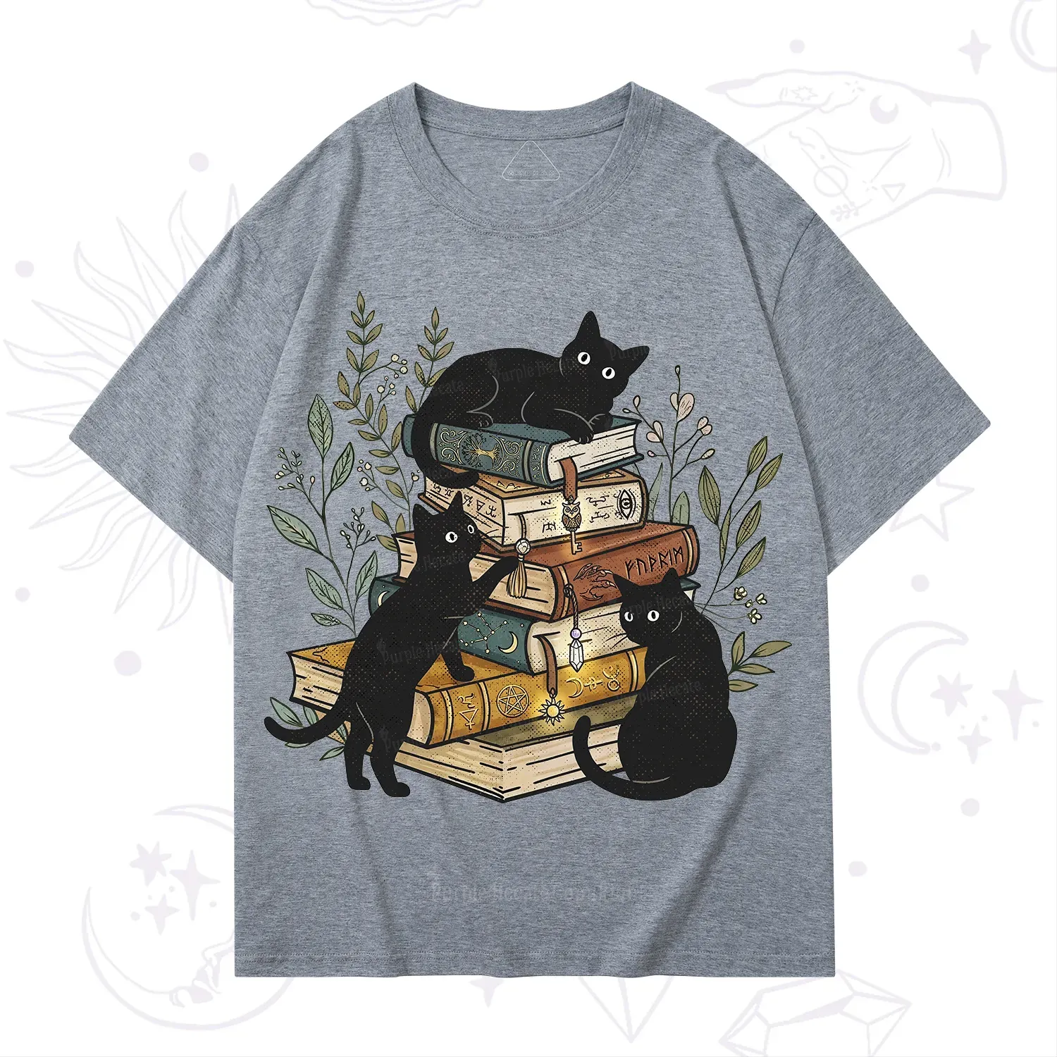 Purplehecate Enchanted Library Three Black Cats T-Shirt