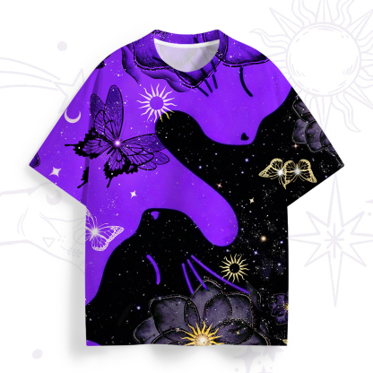 Purplehecate Starlit Cats & Butterflies All Over Print T-Shirt