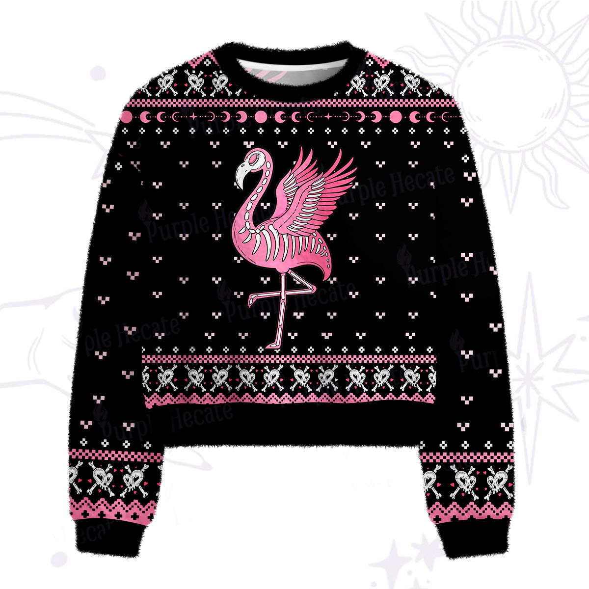 Purplehecate Witchy Pink Flamingo Skull Fuzzy Crewneck Sweater
