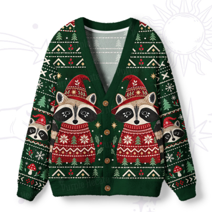 Purplehecate Forest Christmas Raccoon Ugly Cardigan Sweaters