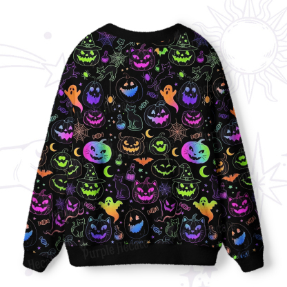 Purplehecate Neon Halloween Spooky Pumpkin Doodle Ugly Cardigan Sweaters