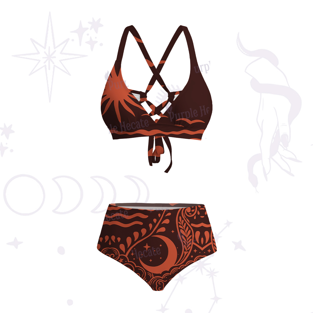 Purplehecate Celestial Sun Moon Waves Crisscross Tie-Back Bikini Set