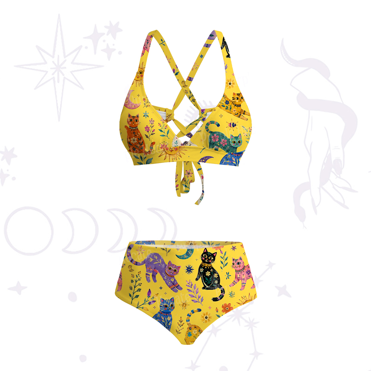 Purplehecate Rainbow Magic Cats Crisscross Tie-Back Bikini Set