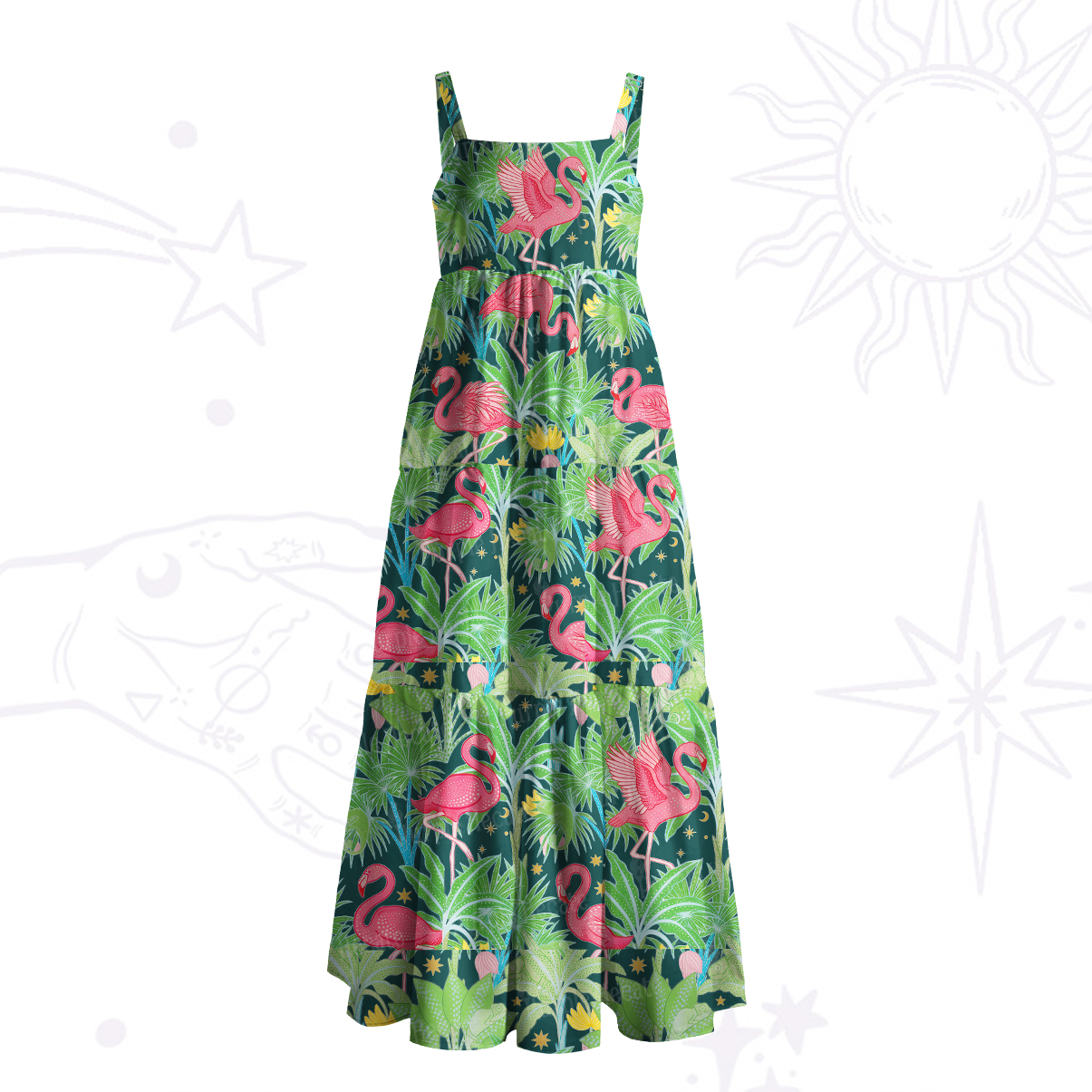 Purplehecate Flamingo Jungle Paradise Wide Straps Maxi Dress