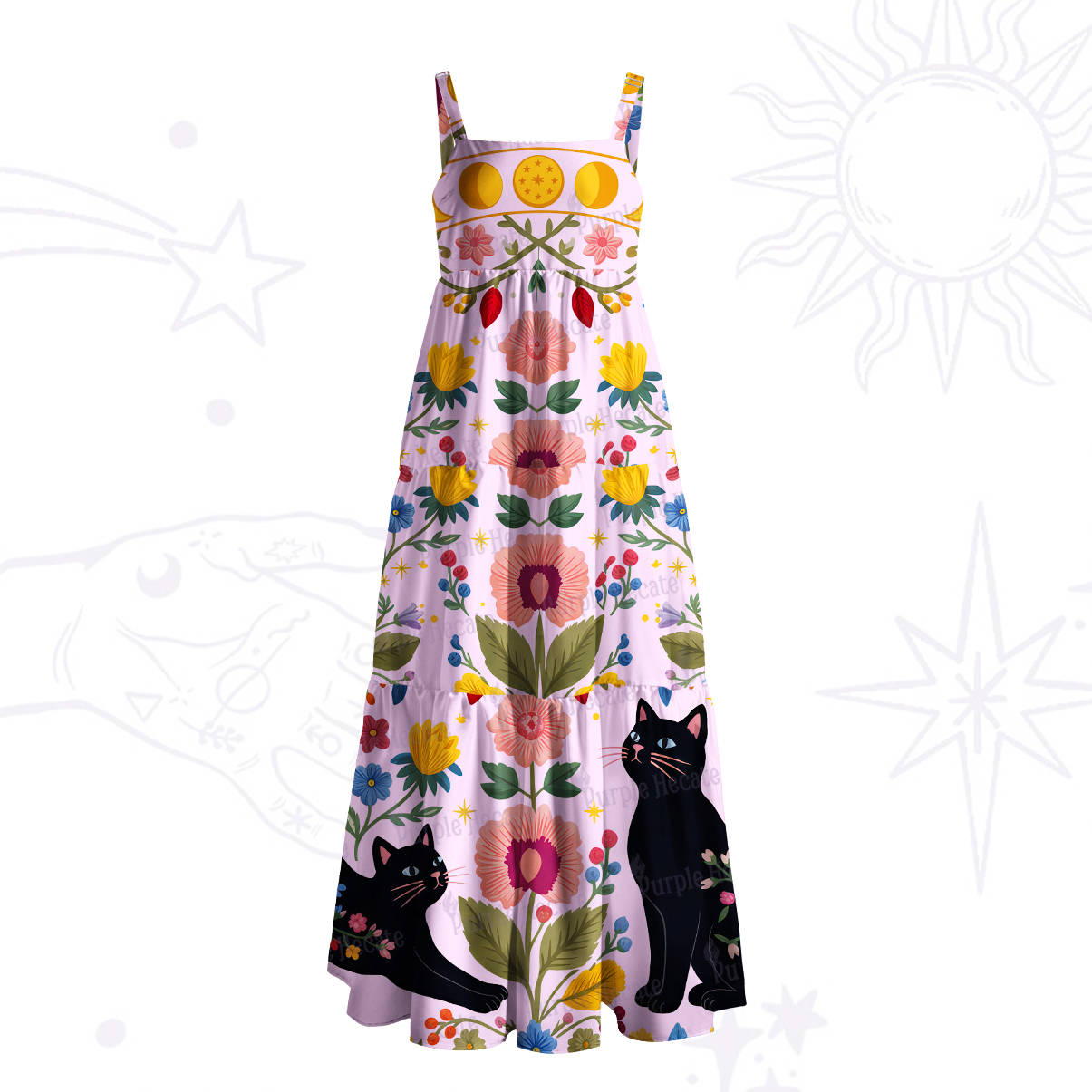 Purplehecate Moonlit Magic Garden Black Cat Wide Straps Maxi Dress
