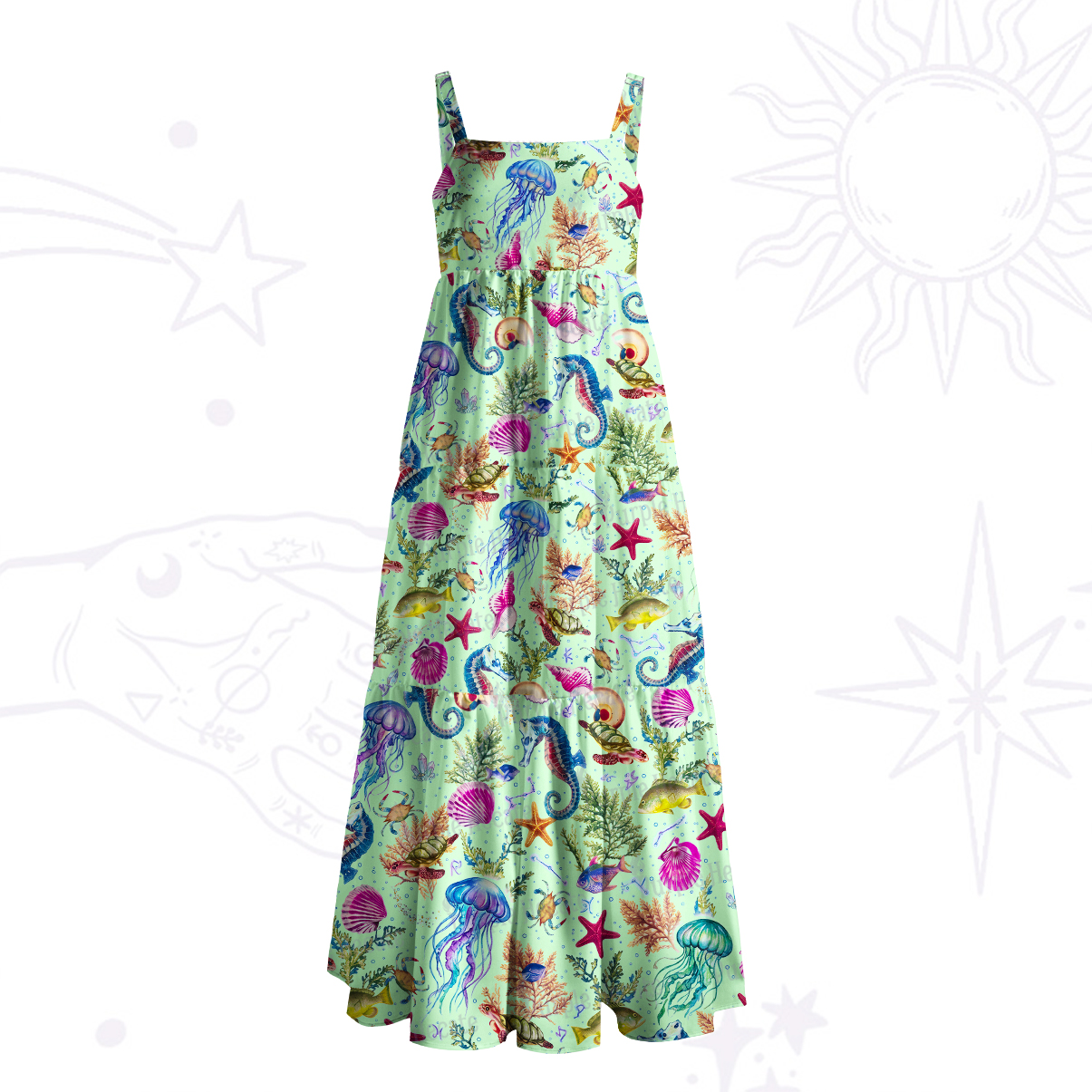 Purplehecate Seahorse & Jellyfish Paradise Wide Straps Maxi Dress