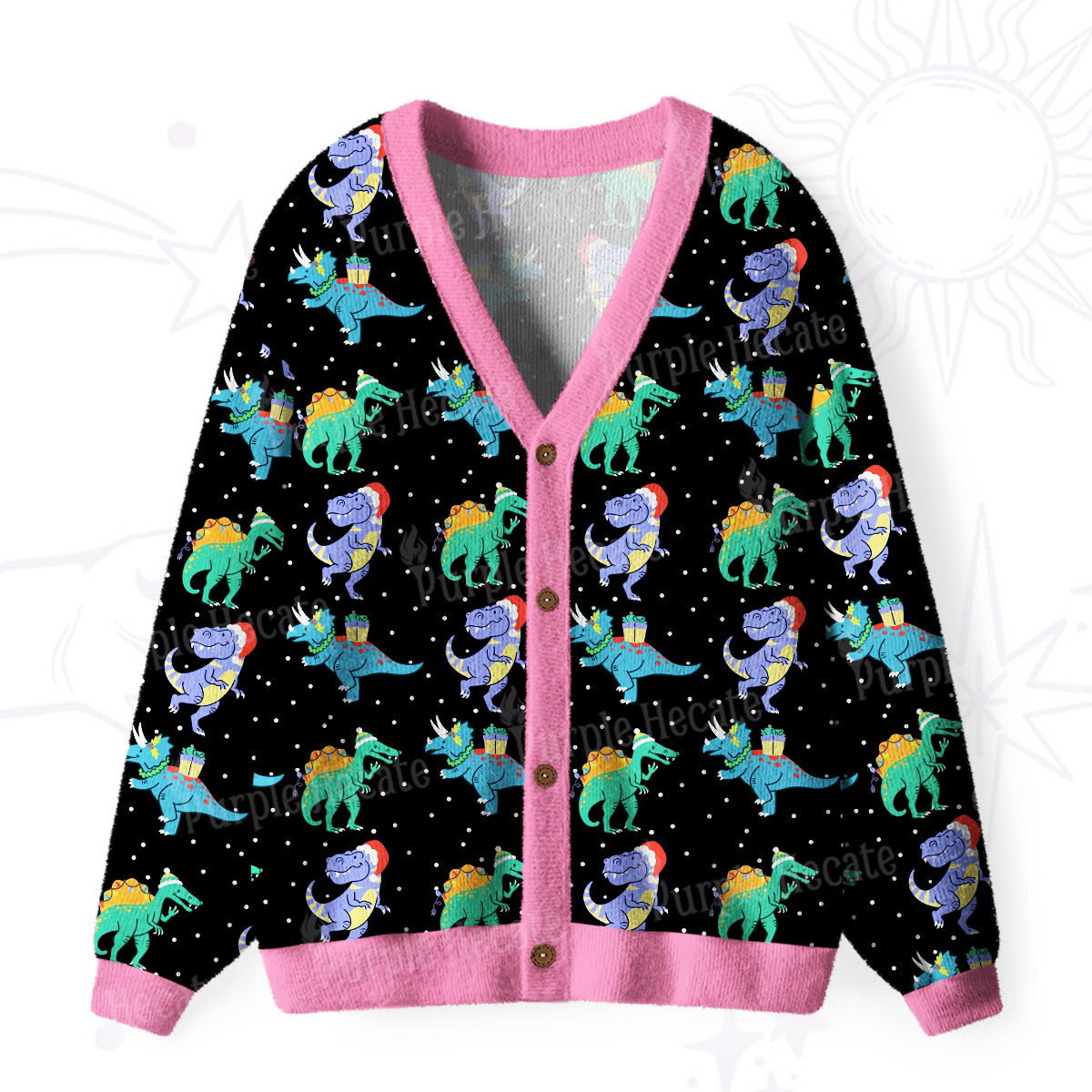 Purplehecate Funny Christmas Dinosaurs Ugly Cardigan Sweaters