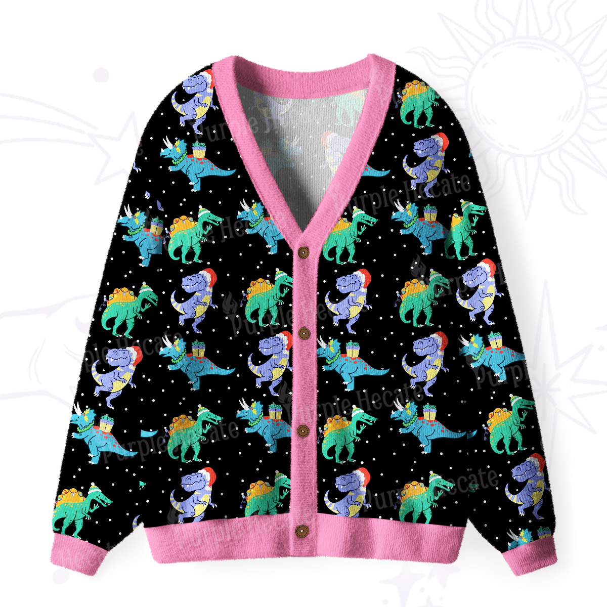 Purplehecate Funny Christmas Dinosaurs Ugly Cardigan Sweaters