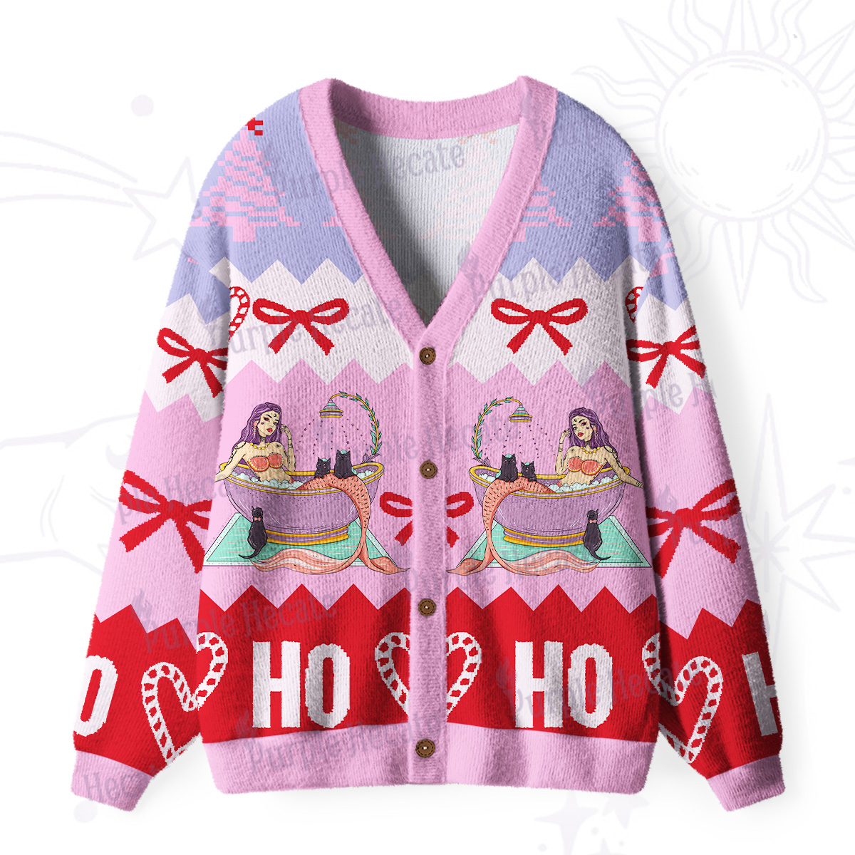 Purplehecate Ho Ho Meowmaid Ugly Cardigan Sweaters
