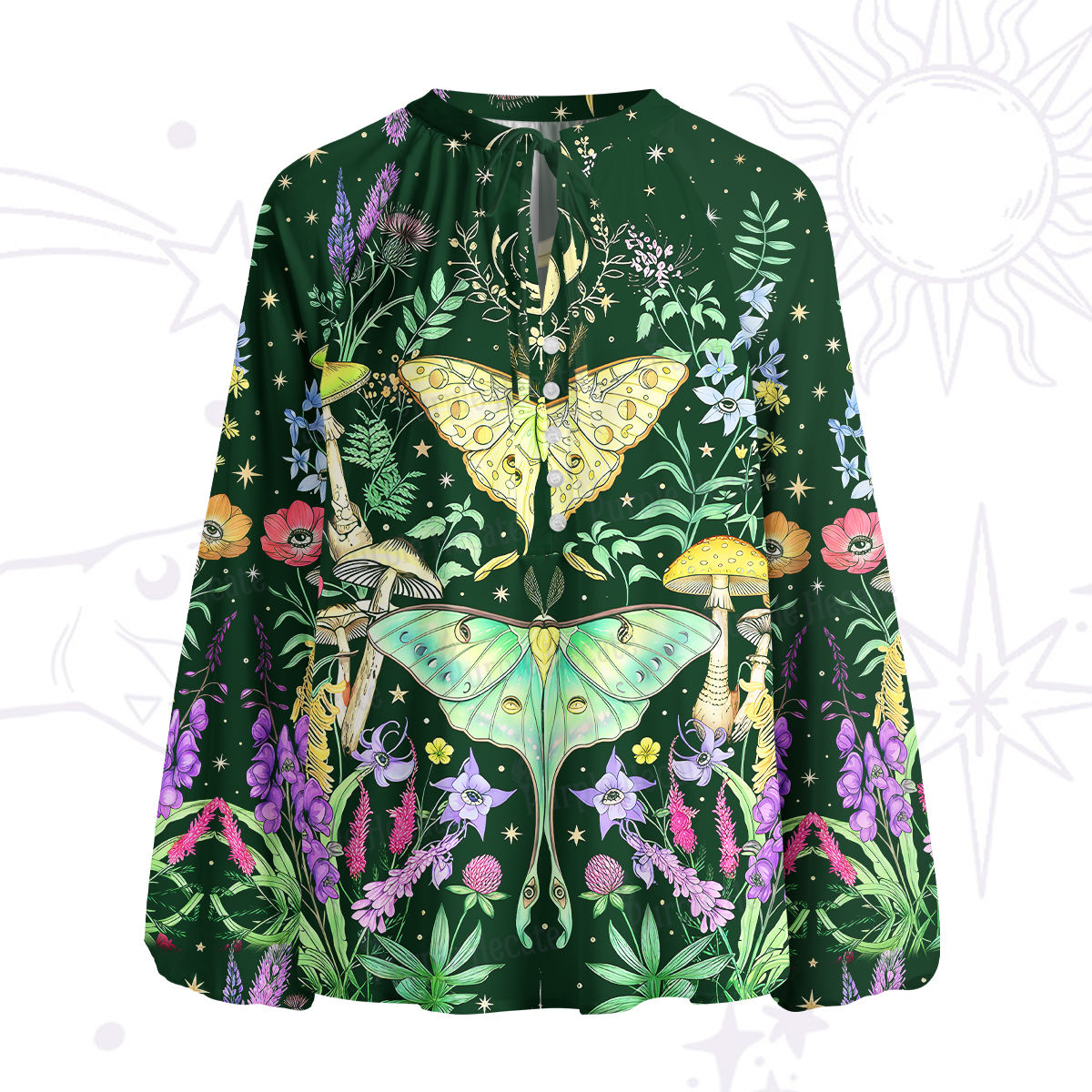Purplehecate Mystic Lunar Moth Herbal Forest Split Neck Tie Blouse
