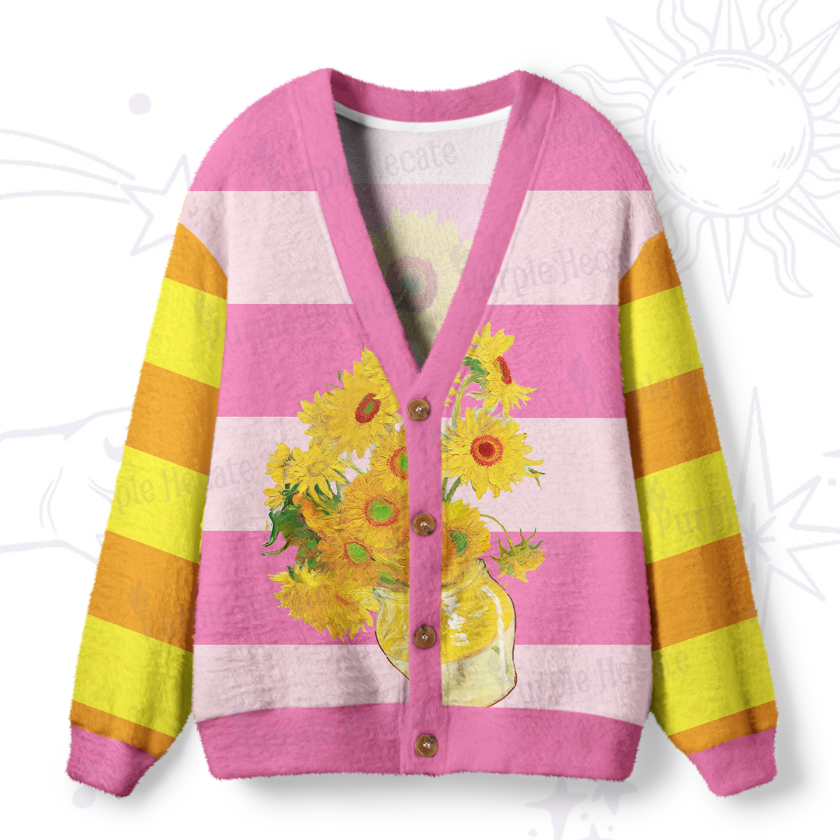 Purplehecate Golden Sunburst Bouquet Ugly Cardigan Sweaters