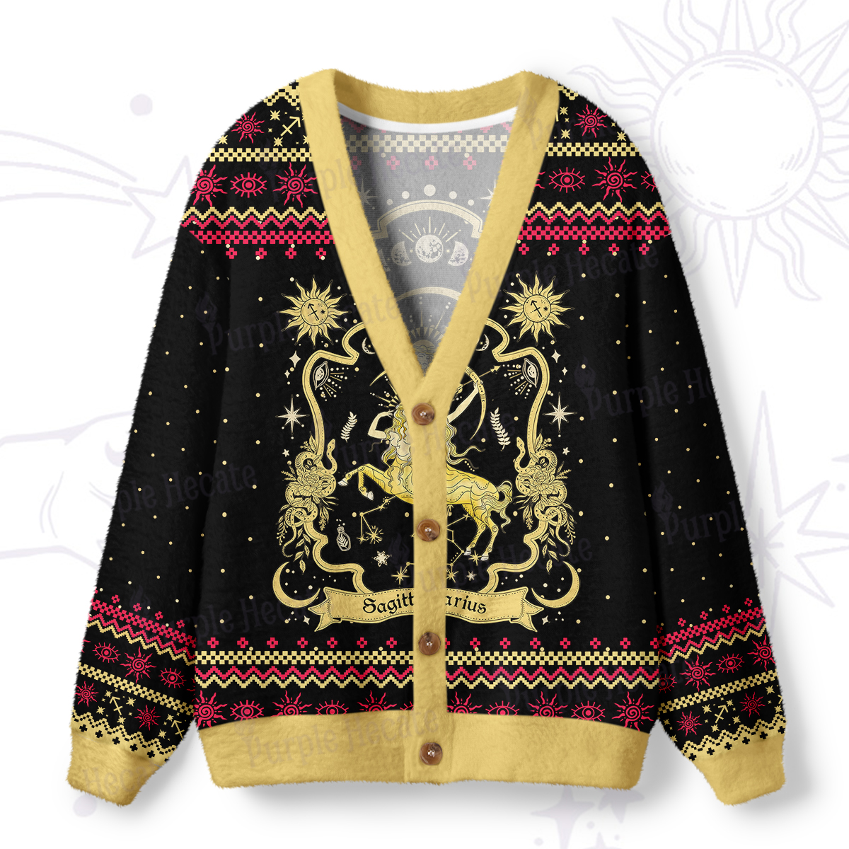 Purplehecate Sagittarius' Astral Mirage Zodiac Ugly Cardigan Sweaters