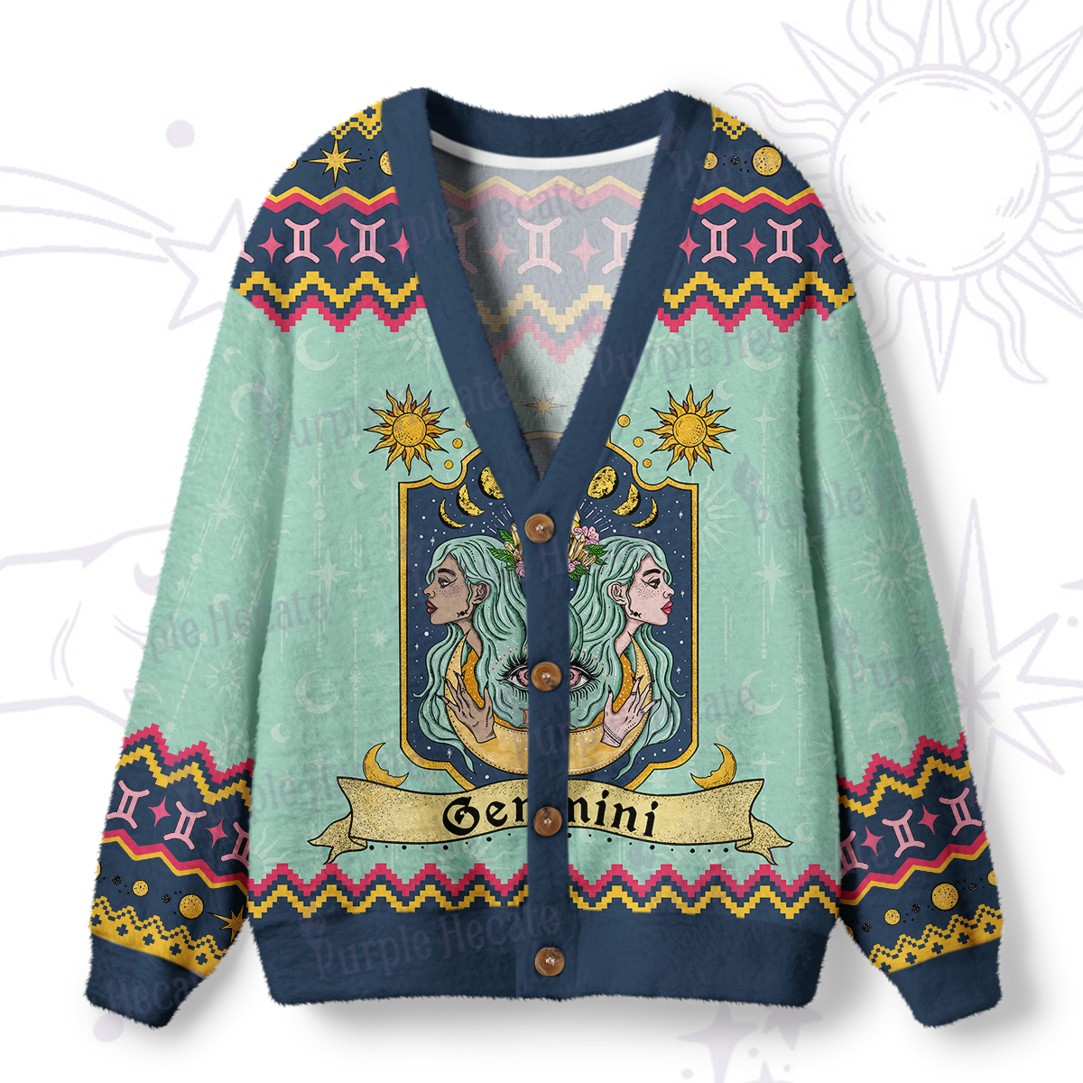 Purplehecate Gemini Zodiac Ugly Cardigan Sweaters