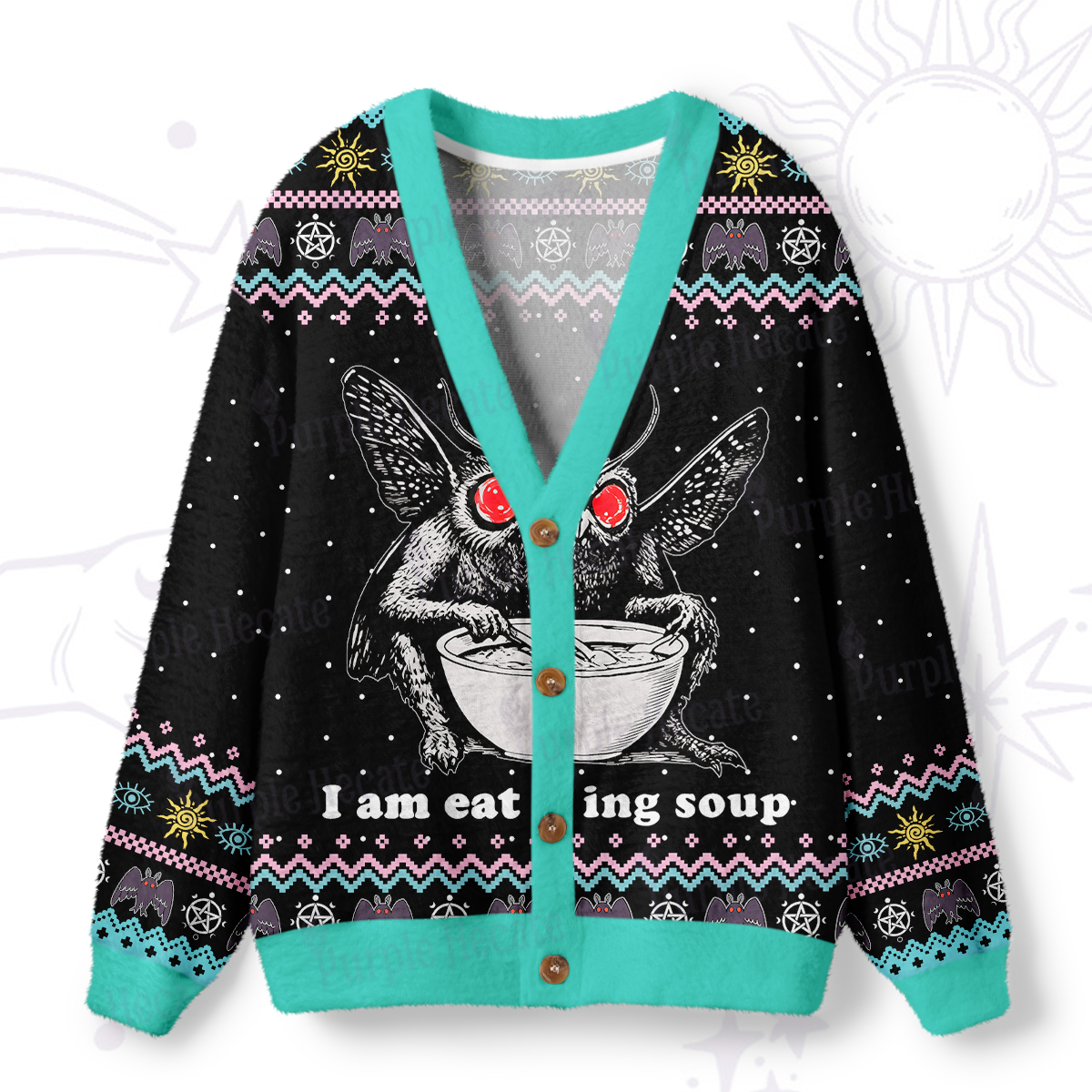 Purplehecate Mothman Eating Soup Ugly Cardigan Sweaters