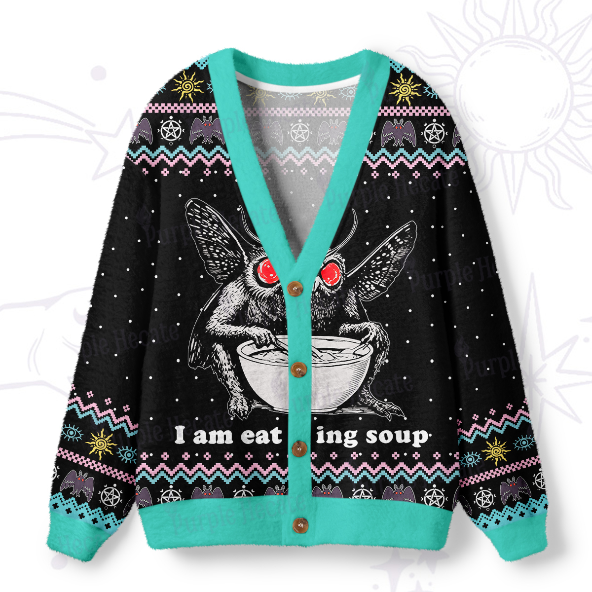 Purplehecate Mothman Eating Soup Ugly Cardigan Sweaters