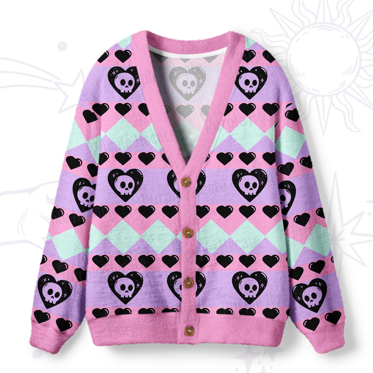 Purplehecate Sweet Yet Spooky Skull Heart Ugly Cardigan Sweaters
