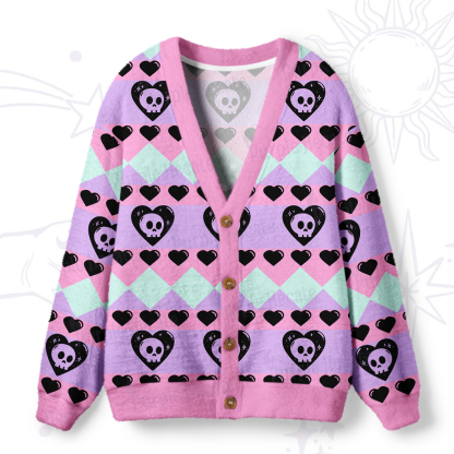 Purplehecate Sweet Yet Spooky Skull Heart Ugly Cardigan Sweaters