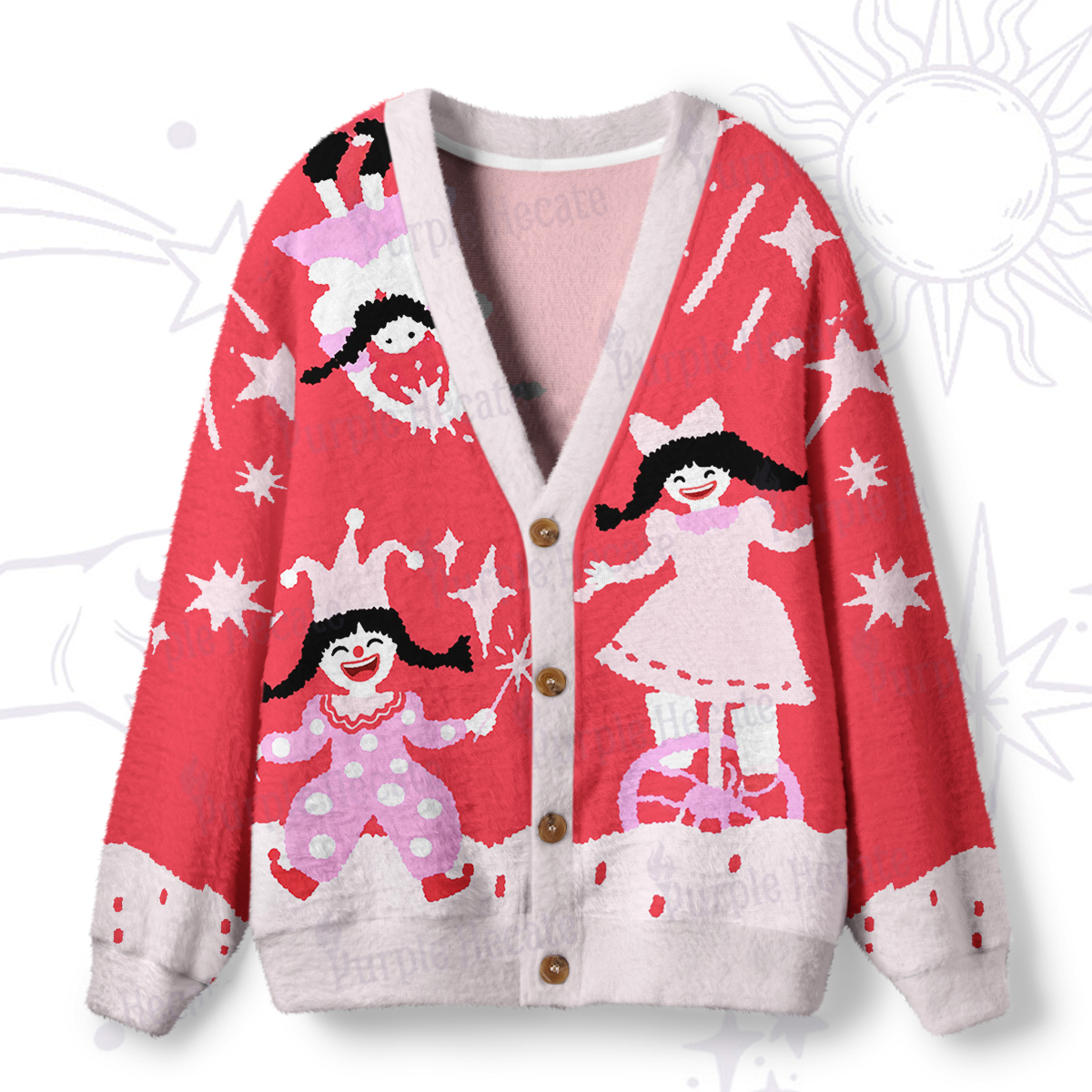 Purplehecate Joyful Circus Girl Ugly Cardigan Sweaters
