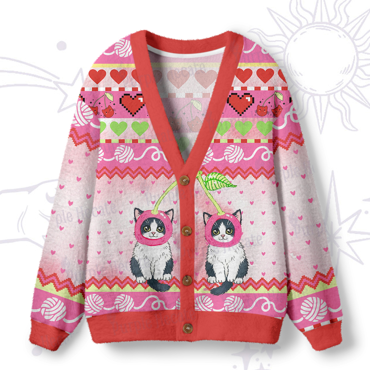 Purplehecate Sweet Cherry Cats Ugly Cardigan Sweaters