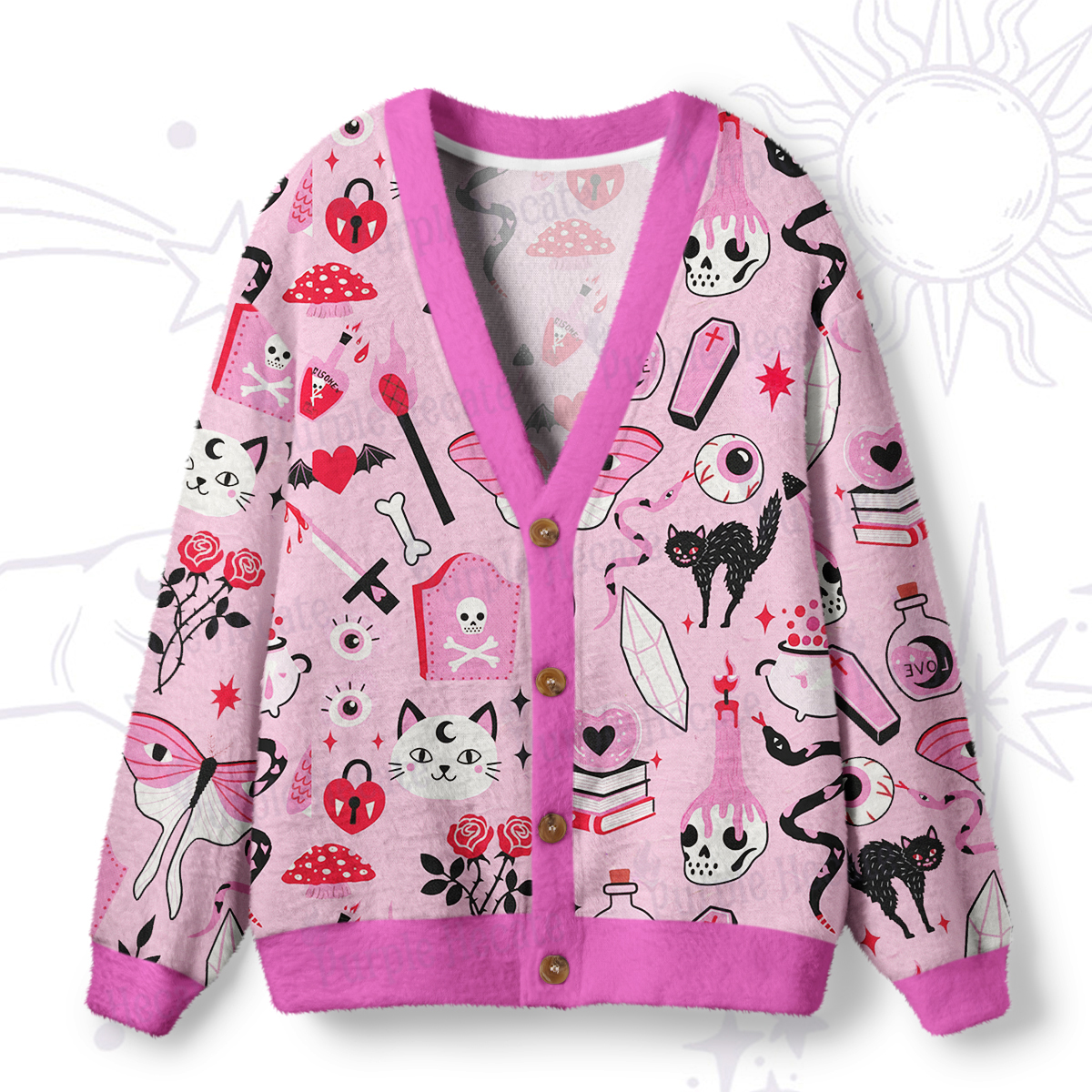 Purplehecate Black Cat Witchy Pink Ugly Cardigan Sweaters