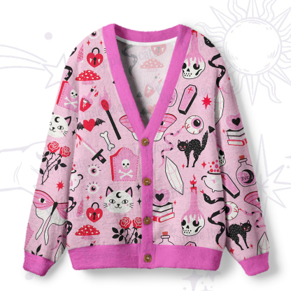Purplehecate Black Cat Witchy Pink Ugly Cardigan Sweaters