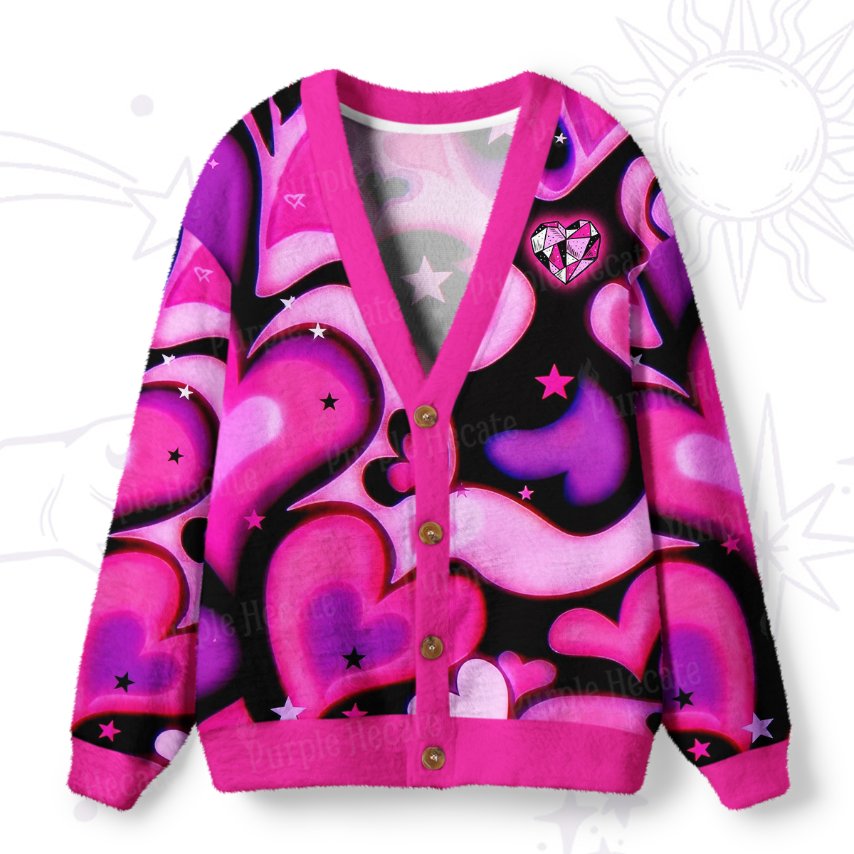 Purplehecate Cosmic Hearts and Stars Ugly Cardigan Sweaters