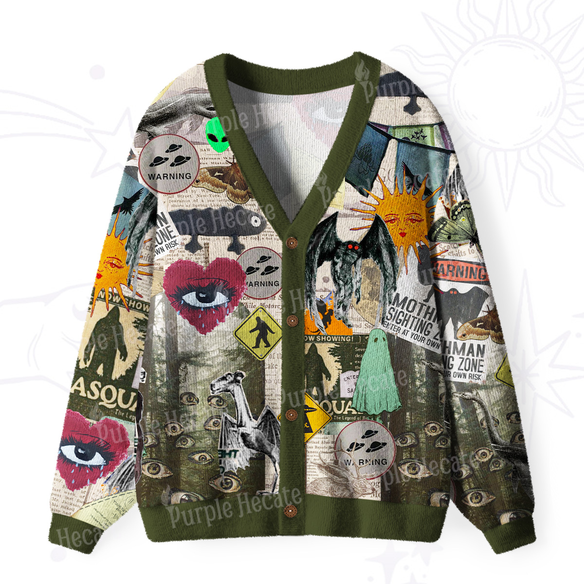 Purplehecate Cryptid Warning Collage Ugly Cardigan Sweaters