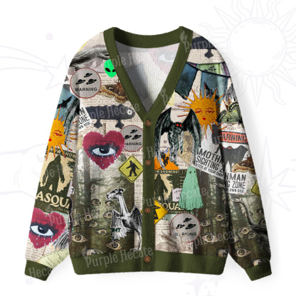Purplehecate Cryptid Warning Collage Ugly Cardigan Sweaters