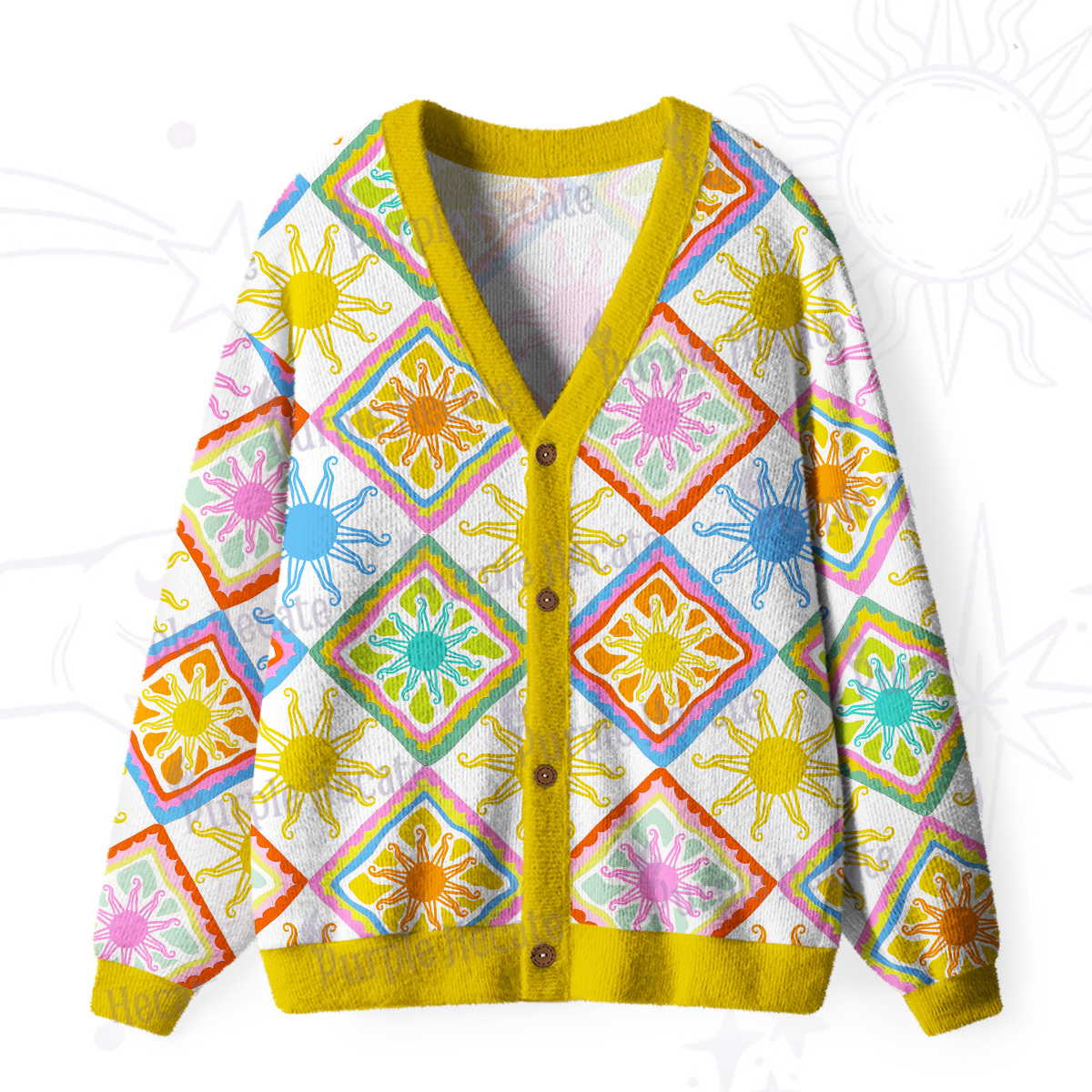 Purplehecate Colorful Sunshine Patchwork Ugly Cardigan Sweaters