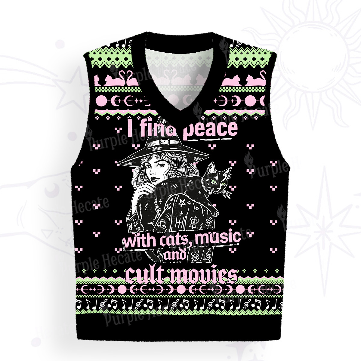 Purplehecate I Find Peace With Cats Music Cult Movies Ugly Sweater Vest