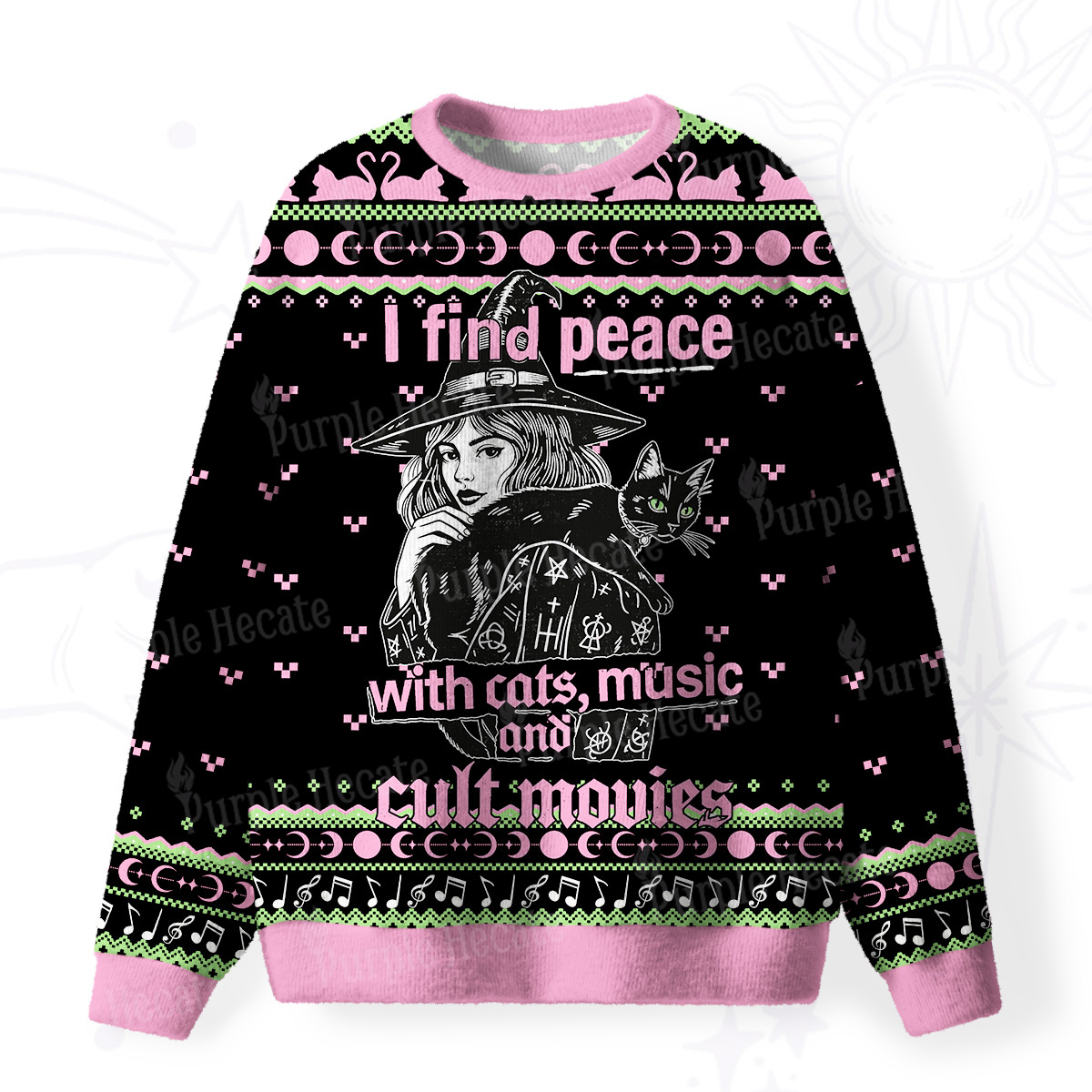 Purplehecate I Find Peace With Cats Music Cult Movies Fuzzy Ugly Sweatshirt